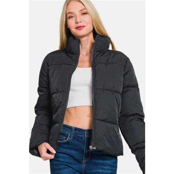 Zenana Zip Up Turtleneck Puffer Jacket with Pockets - Picture 1 of 3